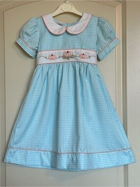 Sz3 Sweet Dream Light Blue Gingham Pumpkin Embroidered Dress